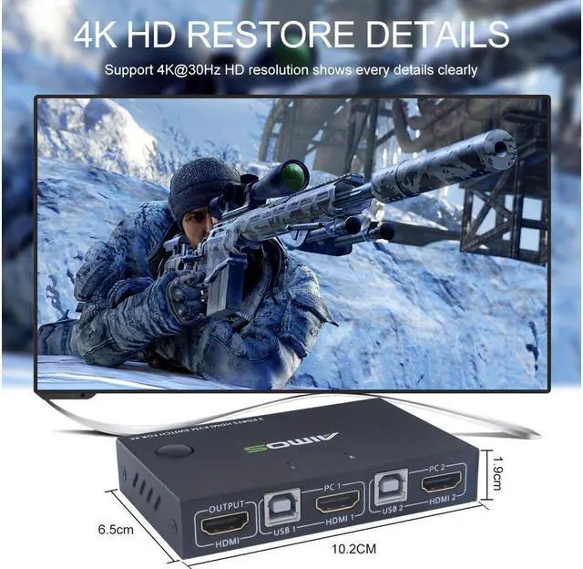 Alt view image 3 of 7 - KVM Switch HDMI 2 Port Box, 2 Computers Share one Set Wired or Wireless Keyboard & Mouse and one Monitor, Support UHD 4K @30Hz, Compatible Laptop/PC/PS4/Xbox/HDTV