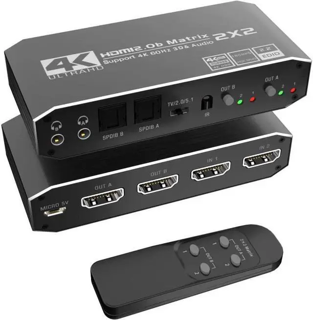 Main image of 2x2 4K HDMI Switch, 2x2 HDMI Matrix Switcher, 4K 60Hz Video Switcher 2 in 2 Out Splitter Support Optical and 3.5mm Audio Output with IR Remote Controller Compatible with 3D, HDMI 2.0b, HDCP 2.2
