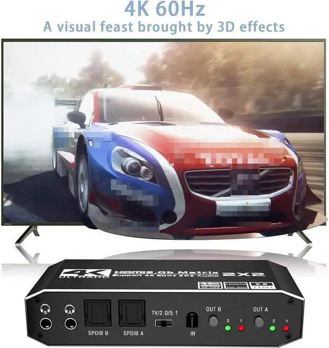 Alt view image 2 of 7 - 2x2 4K HDMI Switch, 2x2 HDMI Matrix Switcher, 4K 60Hz Video Switcher 2 in 2 Out Splitter Support Optical and 3.5mm Audio Output with IR Remote Controller Compatible with 3D, HDMI 2.0b, HDCP 2.2