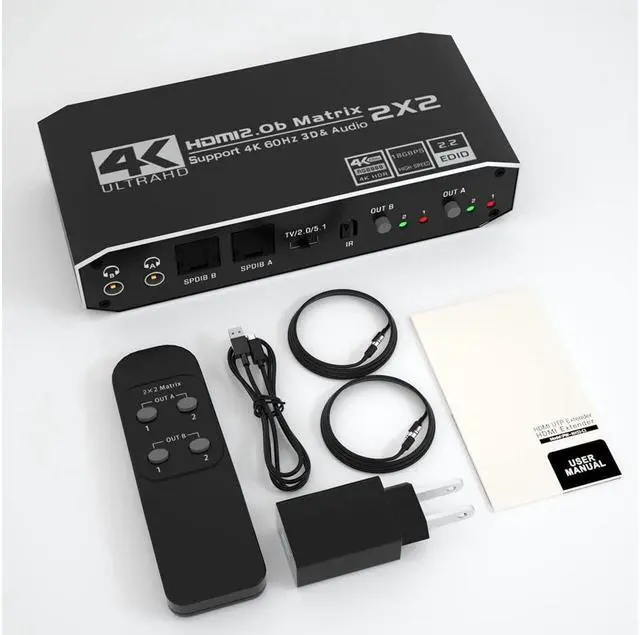 Alt view image 7 of 7 - 2x2 4K HDMI Switch, 2x2 HDMI Matrix Switcher, 4K 60Hz Video Switcher 2 in 2 Out Splitter Support Optical and 3.5mm Audio Output with IR Remote Controller Compatible with 3D, HDMI 2.0b, HDCP 2.2