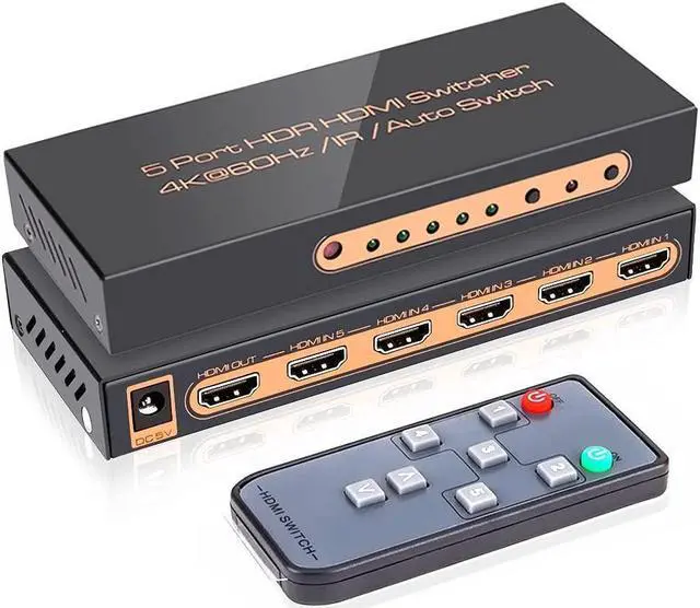 Main image of 5 Port 4K HDMI Switch with Remote Premium 5 in 1 Out 4K @60Hz HDMI2.0 Switcher Selector, Support HDR 10, HDCP 2.2, Dolby Vision/ Atmos, Auto-Switch, 18Gbps, CEC, 1080P/3D