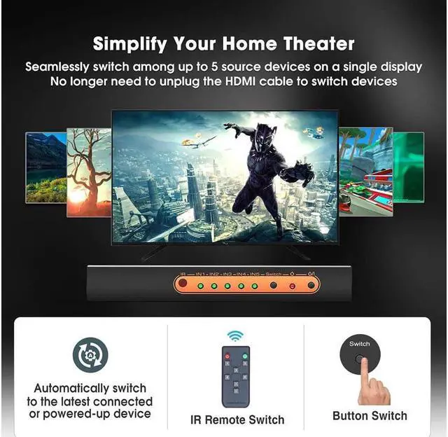 Alt view image 4 of 7 - 5 Port 4K HDMI Switch with Remote Premium 5 in 1 Out 4K @60Hz HDMI2.0 Switcher Selector, Support HDR 10, HDCP 2.2, Dolby Vision/ Atmos, Auto-Switch, 18Gbps, CEC, 1080P/3D