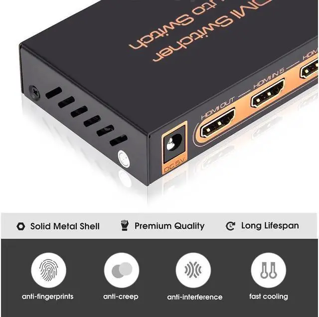 Alt view image 6 of 7 - 5 Port 4K HDMI Switch with Remote Premium 5 in 1 Out 4K @60Hz HDMI2.0 Switcher Selector, Support HDR 10, HDCP 2.2, Dolby Vision/ Atmos, Auto-Switch, 18Gbps, CEC, 1080P/3D