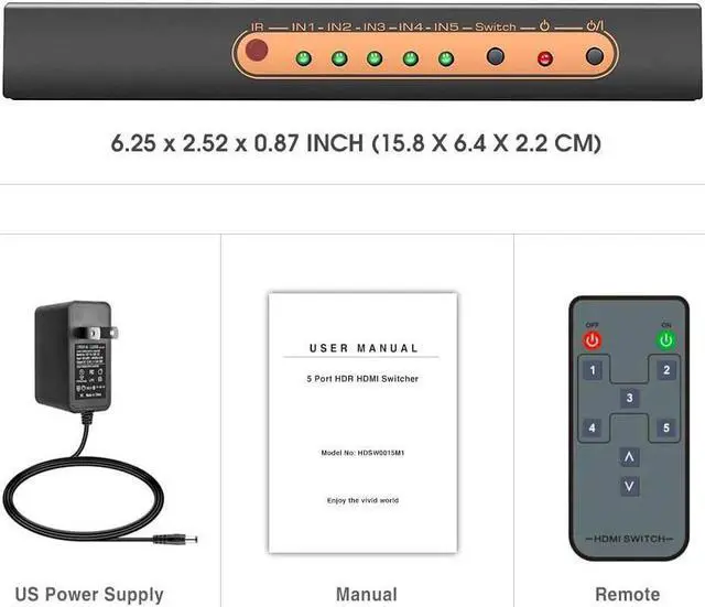 Alt view image 7 of 7 - 5 Port 4K HDMI Switch with Remote Premium 5 in 1 Out 4K @60Hz HDMI2.0 Switcher Selector, Support HDR 10, HDCP 2.2, Dolby Vision/ Atmos, Auto-Switch, 18Gbps, CEC, 1080P/3D