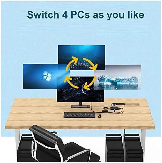 Alt view image 6 of 7 - 4K USB HDMI KVM Switch 4 Port, HD Switcher Selector 4 Computers Share 1 Monitor/Keyboard/Mouse/Printer/U Disk, Upgraded Port & Cables