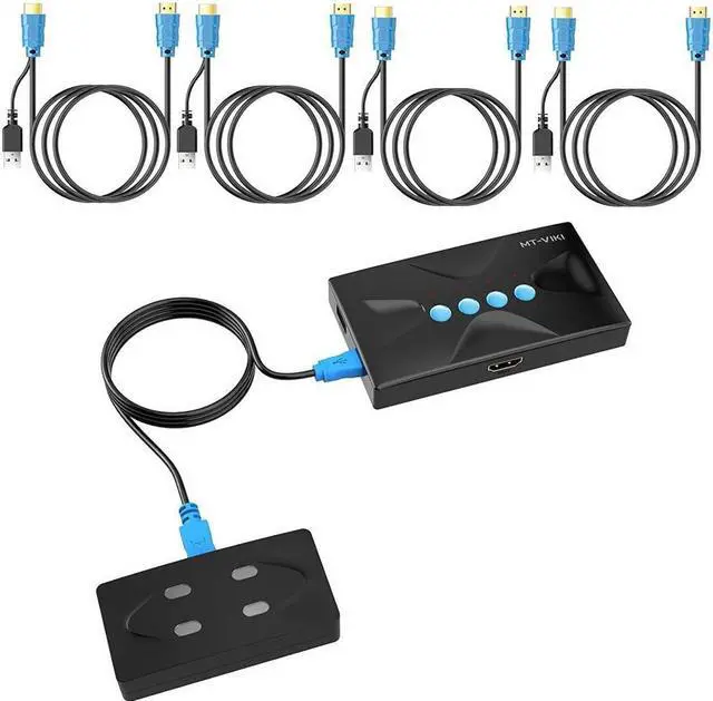 Alt view image 2 of 7 - 4K USB HDMI KVM Switch 4 Port, HD Switcher Selector 4 Computers Share 1 Monitor/Keyboard/Mouse/Printer/U Disk, Upgraded Port & Cables