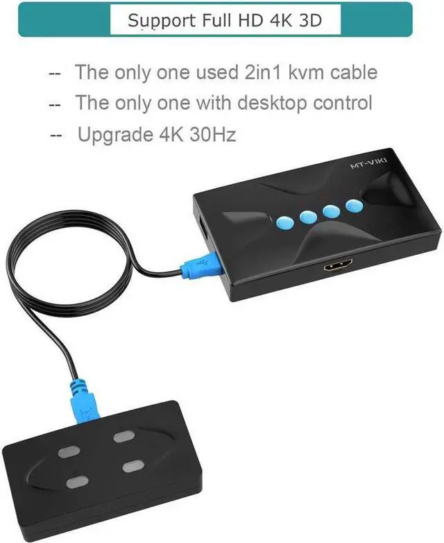 Alt view image 7 of 7 - 4K USB HDMI KVM Switch 4 Port, HD Switcher Selector 4 Computers Share 1 Monitor/Keyboard/Mouse/Printer/U Disk, Upgraded Port & Cables