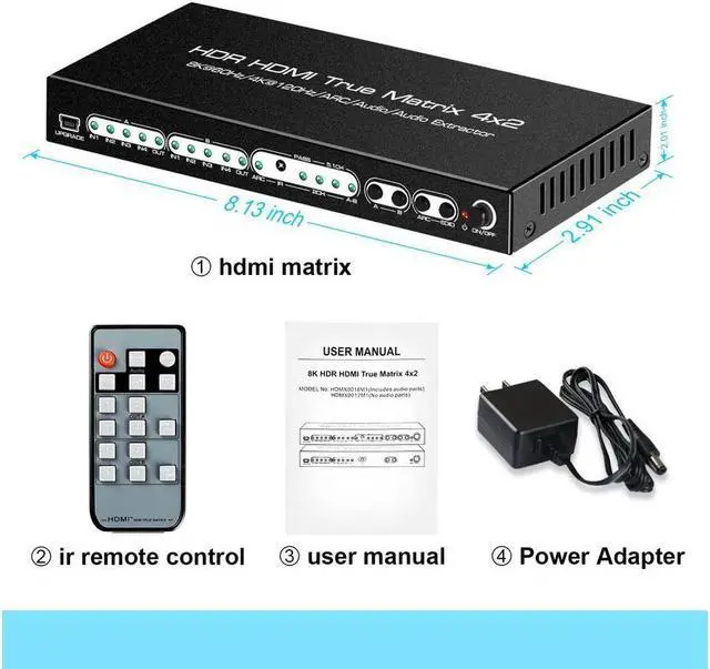 Alt view image 7 of 7 - 8K 4x2 HDMI Matrix, 4 in 2 Out HDMI 2.1 Matrix HDMI Video Switcher Splitter + Optical & L/R Audio Output,Support 4K @120Hz,HDR10 HDCP2.3 Do-l-by Vision Atmos SPDIF 5.1CH ARC with IR Remote Control