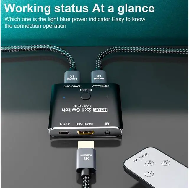Alt view image 3 of 7 - 8K@60Hz HDMI 2X1 Switch with Remote Controll Selector 2 Source 1 Display HDMI 2.1 Switch for TV Top Box PS5 Xbox