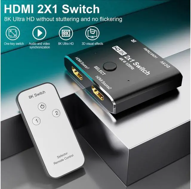 Alt view image 2 of 7 - 8K@60Hz HDMI 2X1 Switch with Remote Controll Selector 2 Source 1 Display HDMI 2.1 Switch for TV Top Box PS5 Xbox