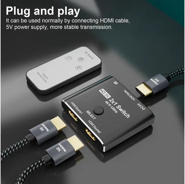 Alt view image 4 of 7 - 8K@60Hz HDMI 2X1 Switch with Remote Controll Selector 2 Source 1 Display HDMI 2.1 Switch for TV Top Box PS5 Xbox