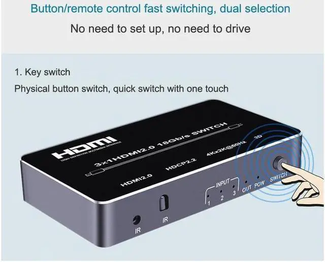 Alt view image 7 of 7 - 3 In 1 Out 4K HDMI Switcher 3840x2160@60hz HDMI 2.0 Switch Selector for Laptop TV Box PS3 PS4 DVD