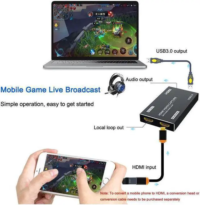 Alt view image 4 of 7 - 4K HDMI Video Capture Card USB3.0 1080p 60Hz Capture Card Screen Dongle Game Streaming Live Broadcasts Video Recording With Video HDMI Loop Out Audio Microphone Input For Linux Mac OS Windows PS4