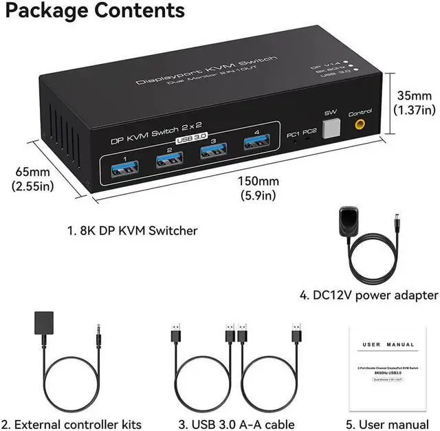 Main image of 2 Port Dual Monitor Displayport KVM Switch, 2 in 2 Out DP1.4 KVM Switch for 2 Computers 2 Monitors Share Keyboard Mouse Printer Support 4K @120HZ 8K @60HZ with 4 Port USB 3.0 Support Desktop Control