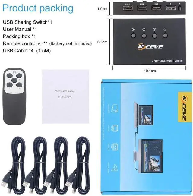Main image of USB 2.0 Switch Selector, 4 in 4 Out USB HUB KVM Switcher for 4 Computers Sharing 4 USB Devices For Mouse, Keyboard, Scanner, Printer, With Remote control (Battery not included)