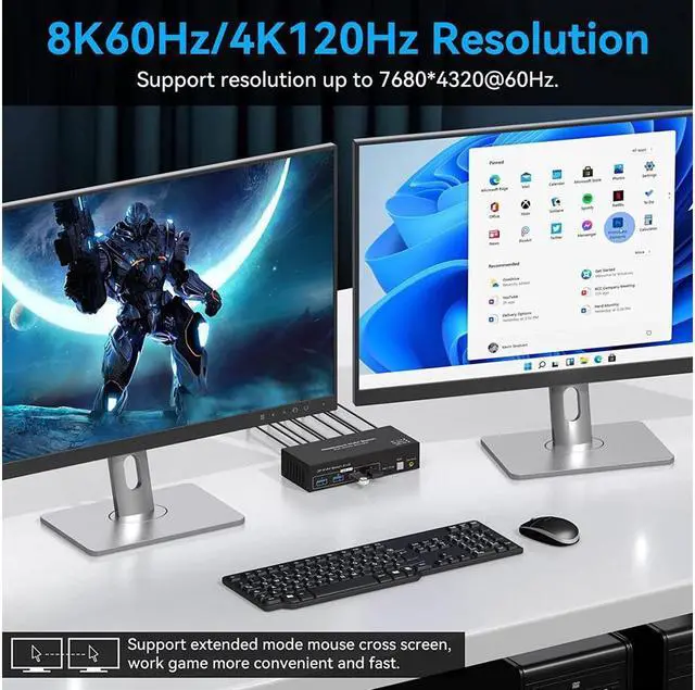 Alt view image 6 of 7 - 2 Port Dual Monitor Displayport KVM Switch, 2 in 2 Out DP1.4 KVM Switch for 2 Computers 2 Monitors Share Keyboard Mouse Printer Support 4K @120HZ 8K @60HZ with 4 Port USB 3.0 Support Desktop Control