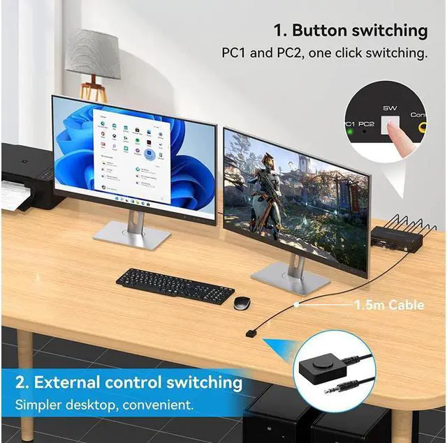 Alt view image 5 of 7 - 2 Port Dual Monitor Displayport KVM Switch, 2 in 2 Out DP1.4 KVM Switch for 2 Computers 2 Monitors Share Keyboard Mouse Printer Support 4K @120HZ 8K @60HZ with 4 Port USB 3.0 Support Desktop Control