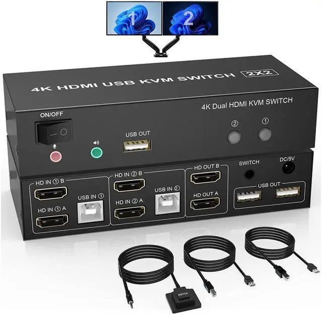Alt view image 2 of 7 - 2 Port Dual Monitor HDMI KVM Switch 2 in 2 Out, 4K @60Hz Extended Display KVM Switch 2 Monitors 2 Computers with Audio Microphone Output and 3 USB Ports, PC Monitor Keyboard Mouse Switcher