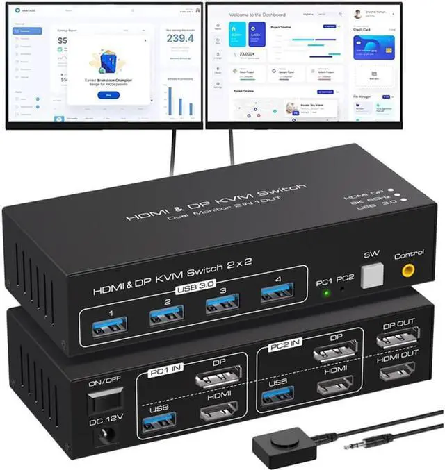 Alt view image 2 of 7 - 2 Port Dual Monitor DisplayPort HDMI KVM Switch 8K @60Hz, 4K @120Hz, USB 3.0 DP+HDMI KVM Switcher 2 in 2 Out for 2 Computers 2 Monitors with 4 Ports USB 3.0 Support Copy and Extended Display