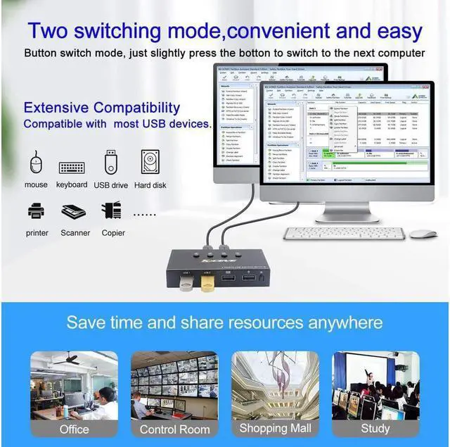 Alt view image 6 of 7 - USB 2.0 Switch Selector, 4 in 4 Out USB HUB KVM Switcher for 4 Computers Sharing 4 USB Devices For Mouse, Keyboard, Scanner, Printer, With Remote control (Battery not included)