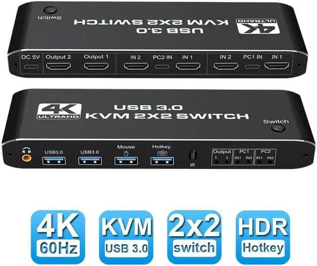 Main image of 2x2 Dual Monitor HDMI KVM Switch 2 in 2 Out, 4K @60Hz 2 Port Dual Monitor USB 3.0 KVM Switch 1080P USB KVM Switcher HDMI with USB 3.0 port