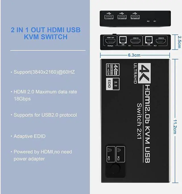 Alt view image 2 of 7 - 2 Port HDMI KVM Switch, USB HDMI Switch 4K, with 3x USB 2.0 Hub, 4K @60Hz 2 in 1 Out HDMI KVM Switch 2 PC 1 Monitor, KVM USB switch, Ultra HD, with 2 USB cables