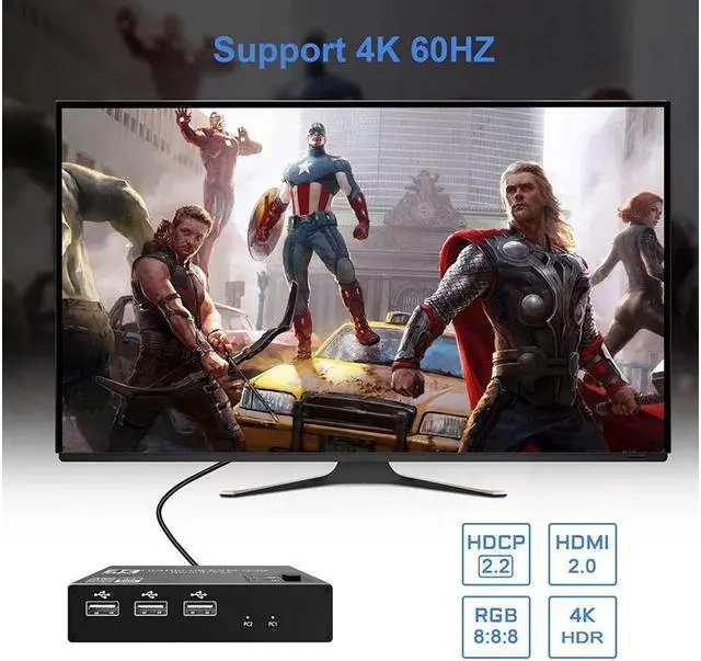 Alt view image 4 of 7 - 2 Port HDMI KVM Switch, USB HDMI Switch 4K, with 3x USB 2.0 Hub, 4K @60Hz 2 in 1 Out HDMI KVM Switch 2 PC 1 Monitor, KVM USB switch, Ultra HD, with 2 USB cables