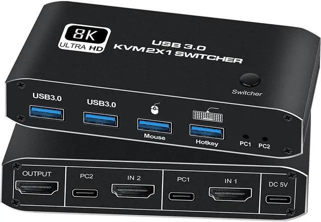 Alt view image 2 of 7 - HDMI KVM Switch, 8K USB Switch 2x1 HDMI2.1 Ports + 4x USB3.0 KVM Ports, Share 2 Computers one Monitor Switch, Supports 8K @60Hz,4K 120Hz, YUV 4:4:4, HDCP 2.3, HDR 10, Hotkey