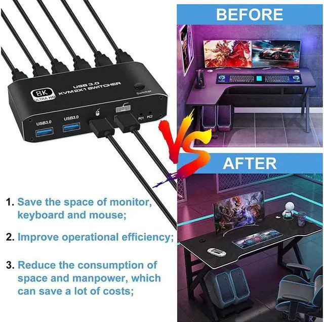Alt view image 7 of 7 - HDMI KVM Switch, 8K USB Switch 2x1 HDMI2.1 Ports + 4x USB3.0 KVM Ports, Share 2 Computers one Monitor Switch, Supports 8K @60Hz,4K 120Hz, YUV 4:4:4, HDCP 2.3, HDR 10, Hotkey
