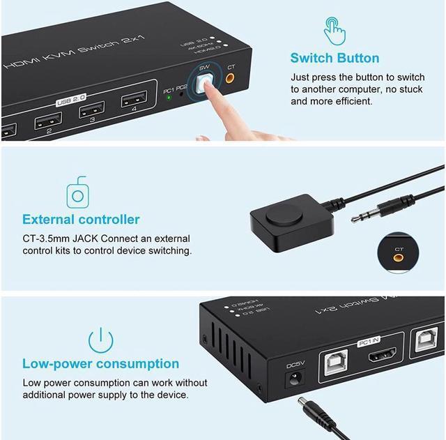 Alt view image 4 of 7 - KVM Switch HDMI 2 Port 4K @60Hz, 2 in 1 Out HDMI KVM Switch with 4 Port USB 2.0 for 2 Computers 1 Monitor Share Keyboard Mouse Printer Support Wired-Desktop Controller Including 2 USB 2.0 Cable