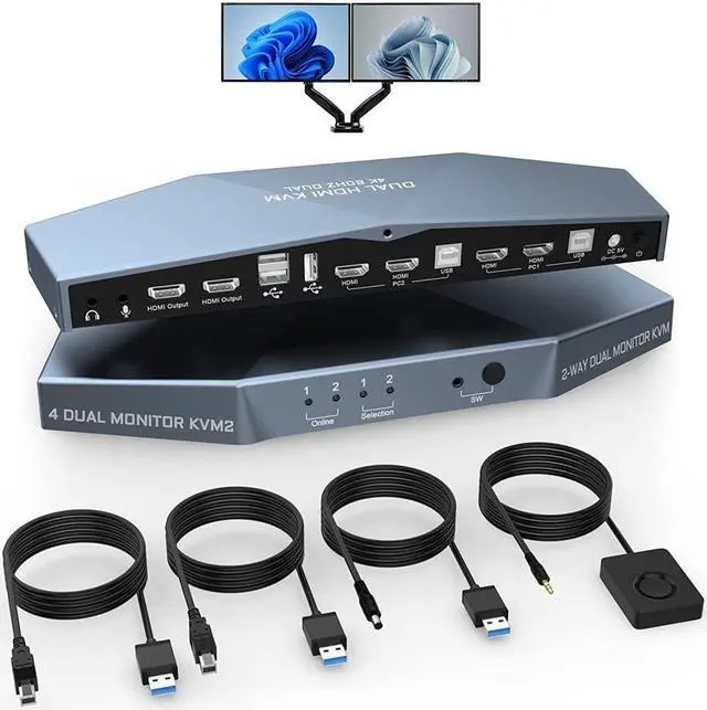Main image of Dual Monitors HDMI KVM Switch 2 Monitors 2 Computers 2 in 2 Out, 4K @60Hz Extended Display Dual Monitor KVM Switch with Audio Microphone Output and 3 USB 2.0 Ports, PC Screen Keyboard Mouse