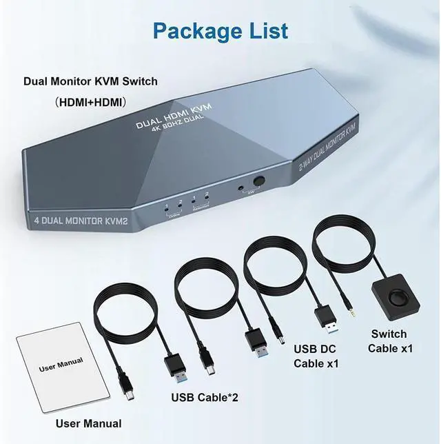 Alt view image 7 of 7 - Dual Monitors HDMI KVM Switch 2 Monitors 2 Computers 2 in 2 Out, 4K @60Hz Extended Display Dual Monitor KVM Switch with Audio Microphone Output and 3 USB 2.0 Ports, PC Screen Keyboard Mouse