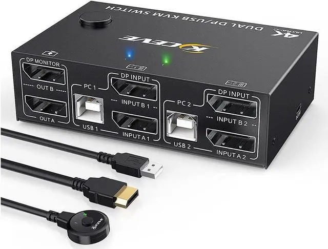 Alt view image 2 of 7 - Dual Monitor Displayport KVM Switch DisplayPort 1.4 8K @30Hz 4K @144Hz, DP Extended Display Port KVM Switch for 2 Computers Share 2 Monitors and 4 USB 2.0 Ports, Wired Remote and 4 Cables Included