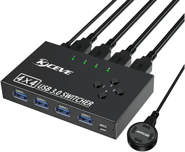 Main image of USB 3.0 Switch Selector 4 Port, 4 in 4 Out USB KVM Switcher 4 Computers Sharing 4 USB Devices, USB Peripheral Switcher for Keyboard Mouse Printer Scanner,with Wired Remote Button and 4 USB 3.0 Cable