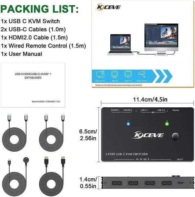 Alt view image 7 of 7 - USB Type-C KVM Switch 4K@60Hz, USB C Switch for 2 Computers Share 1 Monitor and 4 USB Devices, Compatible with Thunderbolt 3, with 100 W Power Delivery Option, Wired Remote and 3 Cables Included