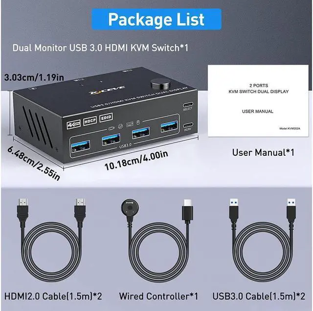 Alt view image 7 of 7 - USB 3.0 Dual Monitor KVM Switch HDMI 2 Port 4K @60Hz Simulation EDID 2 in 2 Out Switch, USB HDMI Extended Display Switcher for 2 Computers Share 2 Monitors and 4 USB 3.0 Devices, with Wired Controller