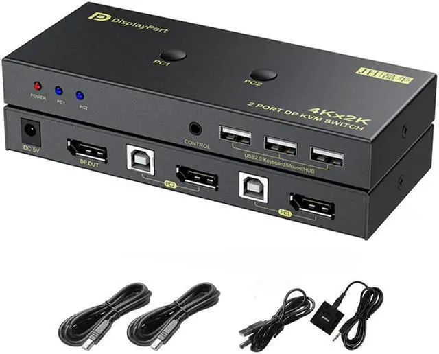 Main image of 2 Port DisplayPort KVM Switch with USB 2.0 Ports, DP 1.2 4K @60Hz Display Port KVM Switcher Box for 2 Computers Sharing 1 Monitor Keyboard Mouse Peripherals Selector Box with USB Cables