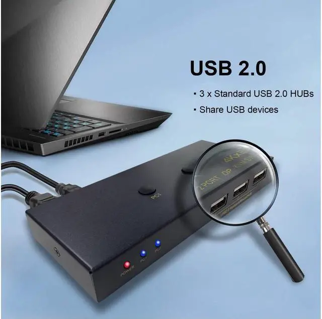 Alt view image 4 of 7 - 2 Port DisplayPort KVM Switch with USB 2.0 Ports, DP 1.2 4K @60Hz Display Port KVM Switcher Box for 2 Computers Sharing 1 Monitor Keyboard Mouse Peripherals Selector Box with USB Cables