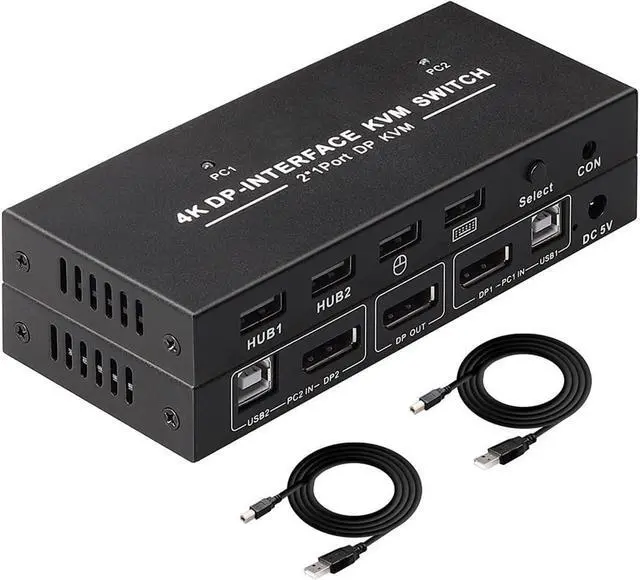 Main image of DisplayPort KVM Switch 2 Port 4K@60Hz 2 in 1 Out DP 1.2 and USB Switch for 2 Computers Share 1 Keyboard Mouse Monitor for Laptop, PC Supports with 4 USB 2.0 Ports, 2 USB KVM Cables 1.5m(5ft)