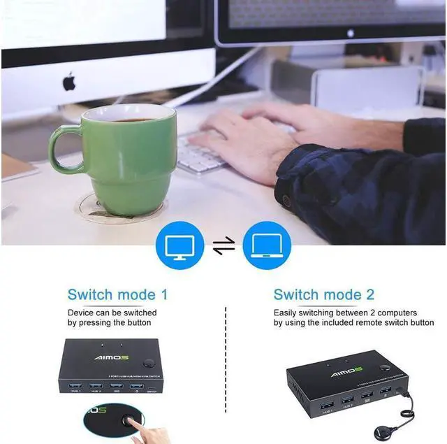 Alt view image 5 of 7 - 2 Port HDMI KVM Switch For 2 PCs, USB KVM Switch 4K HDMI Switcher Box 2 In 1 Out For 2 Computers Share Keyboard And Mouse Support 4K@30Hz, With 2 HUB Ports KVM Switcher Box