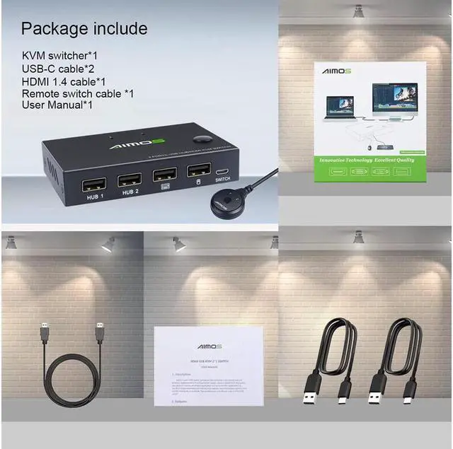 Alt view image 7 of 7 - 2 Port HDMI KVM Switch For 2 PCs, USB KVM Switch 4K HDMI Switcher Box 2 In 1 Out For 2 Computers Share Keyboard And Mouse Support 4K@30Hz, With 2 HUB Ports KVM Switcher Box