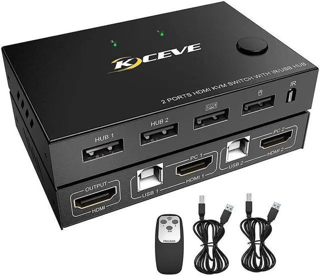 Alt view image 2 of 7 - 2 Ports HDMI KVM Switch, KVM Switch HDMI 2 Port USB 2.0 Switcher Box 2 in 1 Out HDMI Switch for 2 Computers Share Keyboard and Mouse Support 4K @30Hz, with Remote Control and 2 USB 2.0 Cable