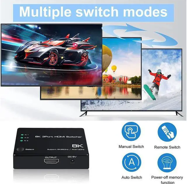 Alt view image 4 of 7 - 3 in 1 Out HDMI 2.1 Switch 8K@60Hz, 4K@120Hz HDMI Switcher 3 Port, 8K HDMI Auto Switch 3x1 Selector with IR Remote for Xbox,PS5,PS4,UHD TV, Support 48Gbps, HDCP 2.3,HDR 10+, 1080P@240Hz