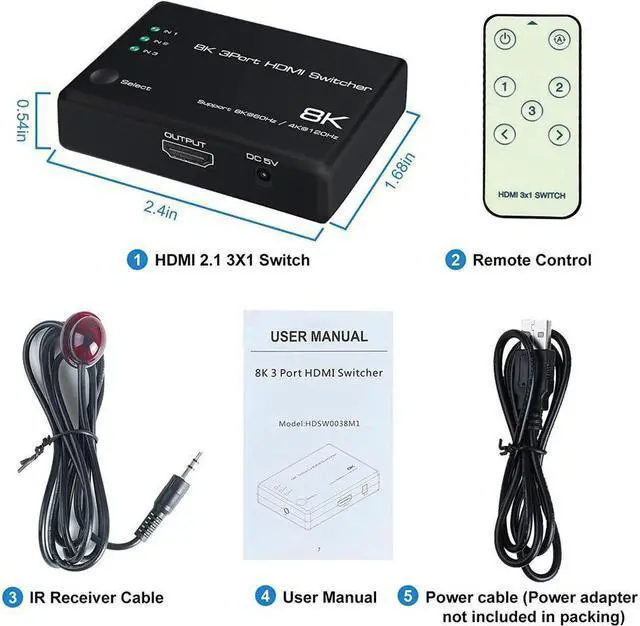 Alt view image 7 of 7 - 3 in 1 Out HDMI 2.1 Switch 8K@60Hz, 4K@120Hz HDMI Switcher 3 Port, 8K HDMI Auto Switch 3x1 Selector with IR Remote for Xbox,PS5,PS4,UHD TV, Support 48Gbps, HDCP 2.3,HDR 10+, 1080P@240Hz