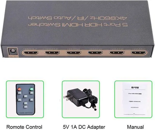Alt view image 7 of 7 - 4K @60Hz Premium 5 Port HDMI Switch with Remote, 5 in 1 Out 4Kx2K HDMI Auto Switcher, 5x1 HDMI Switch Support UHD, HDR10, Dolby Vision, Atmos, YCbCr 4:4:4, HDCP2.2 and CEC (with US Power Adapter)