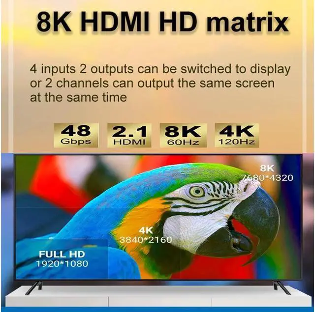 Alt view image 2 of 7 - 8K @60Hz HDR UHD HDMI Matrix Switcher 4x2, Dolby Version 48Gbps CEC ARC 8K 7680x4320P HDMI Splitter Switch 4 in 2 Out, 4K @120Hz VRR HDMI Matrix Support PS5 Xbox
