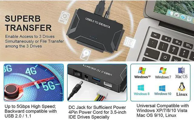 Alt view image 4 of 7 - USB 3.0 to IDE/SATA Hard Drive Adapter, SATA IDE to USB 3.0 External Converter for 2.5" 3.5" IDE SATA HDD SSD DVD Optical Drive, Universal Hard Drive Reader w/12V 2A Power Supply Support 6TB
