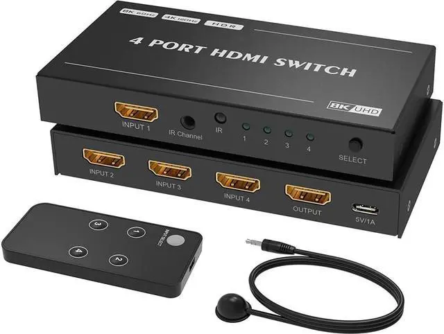 Main image of 4 Port HDMI 2.1 4 in 1out 8K HDMI Switch with IR Remote Ultra HD 8K 8K @60Hz 4K @120Hz High Speed 48Gbps HDR10 3D Directional Converter HDCP2.3 Compatible with Xbox PS-5