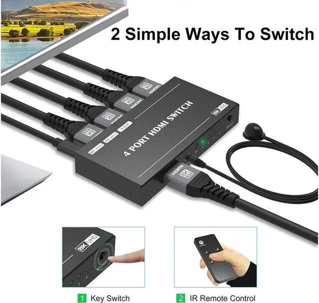 Alt view image 2 of 7 - 4 Port HDMI 2.1 4 in 1out 8K HDMI Switch with IR Remote Ultra HD 8K 8K @60Hz 4K @120Hz High Speed 48Gbps HDR10 3D Directional Converter HDCP2.3 Compatible with Xbox PS-5