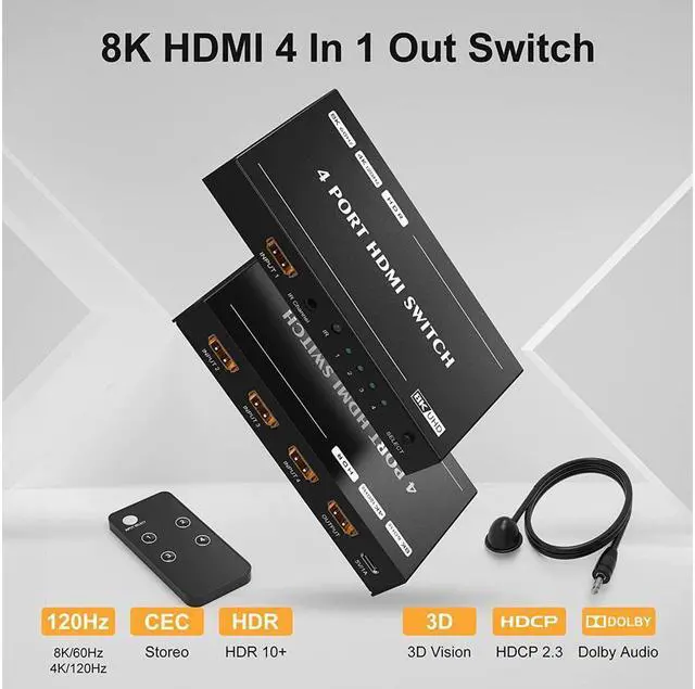 Alt view image 5 of 7 - 4 Port HDMI 2.1 4 in 1out 8K HDMI Switch with IR Remote Ultra HD 8K 8K @60Hz 4K @120Hz High Speed 48Gbps HDR10 3D Directional Converter HDCP2.3 Compatible with Xbox PS-5